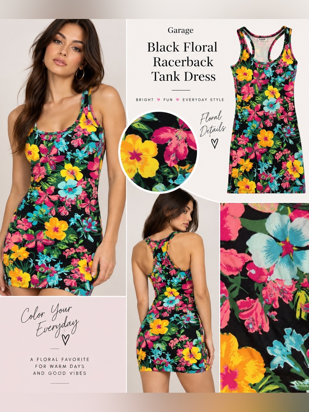 Garage Black Floral Racerback Tank Dress with Yellow, Pink, Teal Blooms